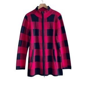 Adrienne Vittadini red and black buffalo plaid zipper cardigan sweater size XL